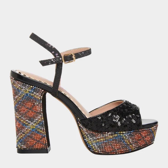 NWT Betsey Johnson ALAIA Black Plaid Sequin Heels - Picture 2 of 13